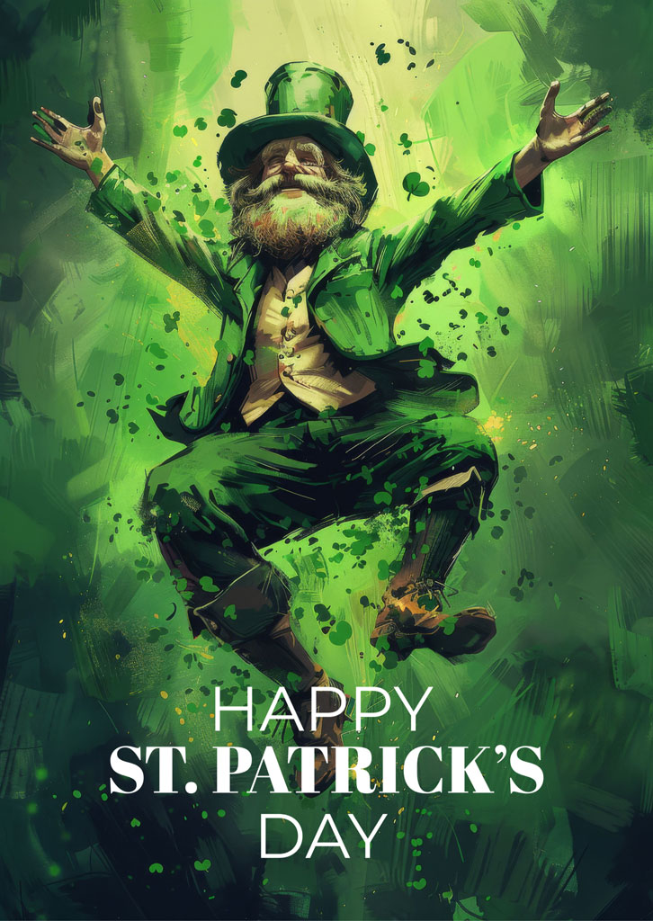 A dancing leprechaun with outstretched arms and a joyful expression, surrounded by green splatters.