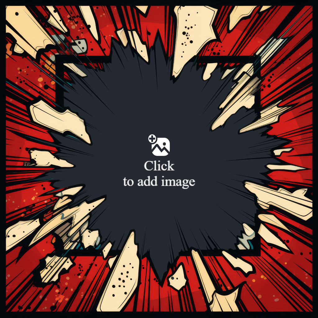 A comic book style explosion effect with a black center and red and beige radiating lines.