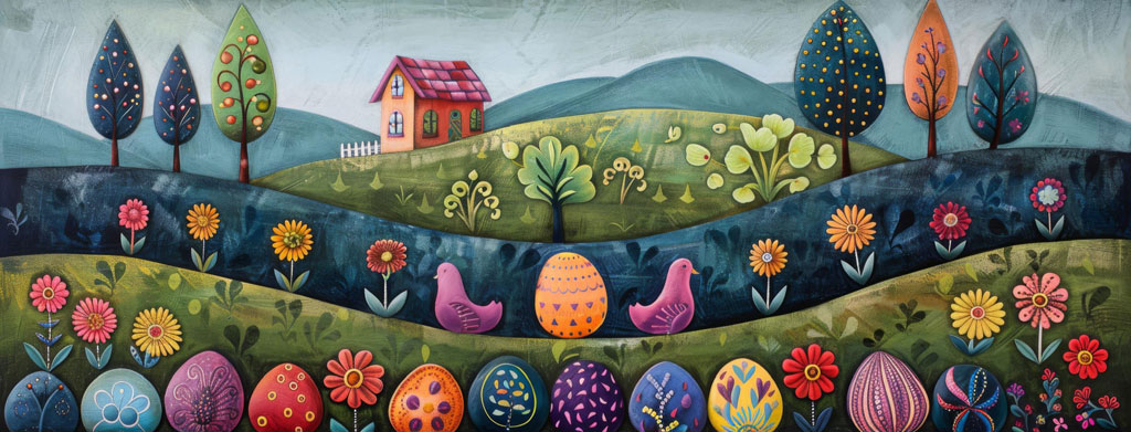 Easter landscape with house and decorated eggs