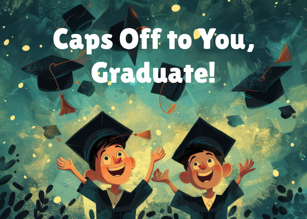 Two cartoon graduates throwing caps in the air