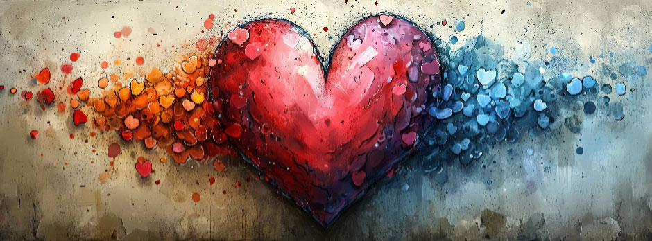 A red heart surrounded by vibrant splatters of color