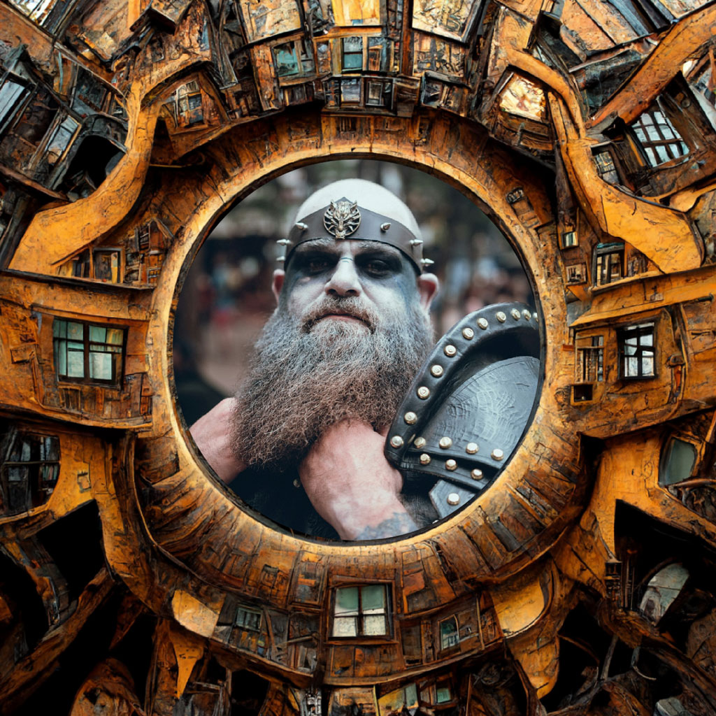 Viking warrior in a circular frame surrounded by steampunk architecture