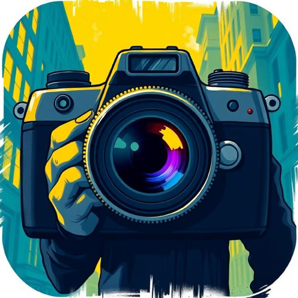 Hand holding a DSLR camera with a colorful lens reflection