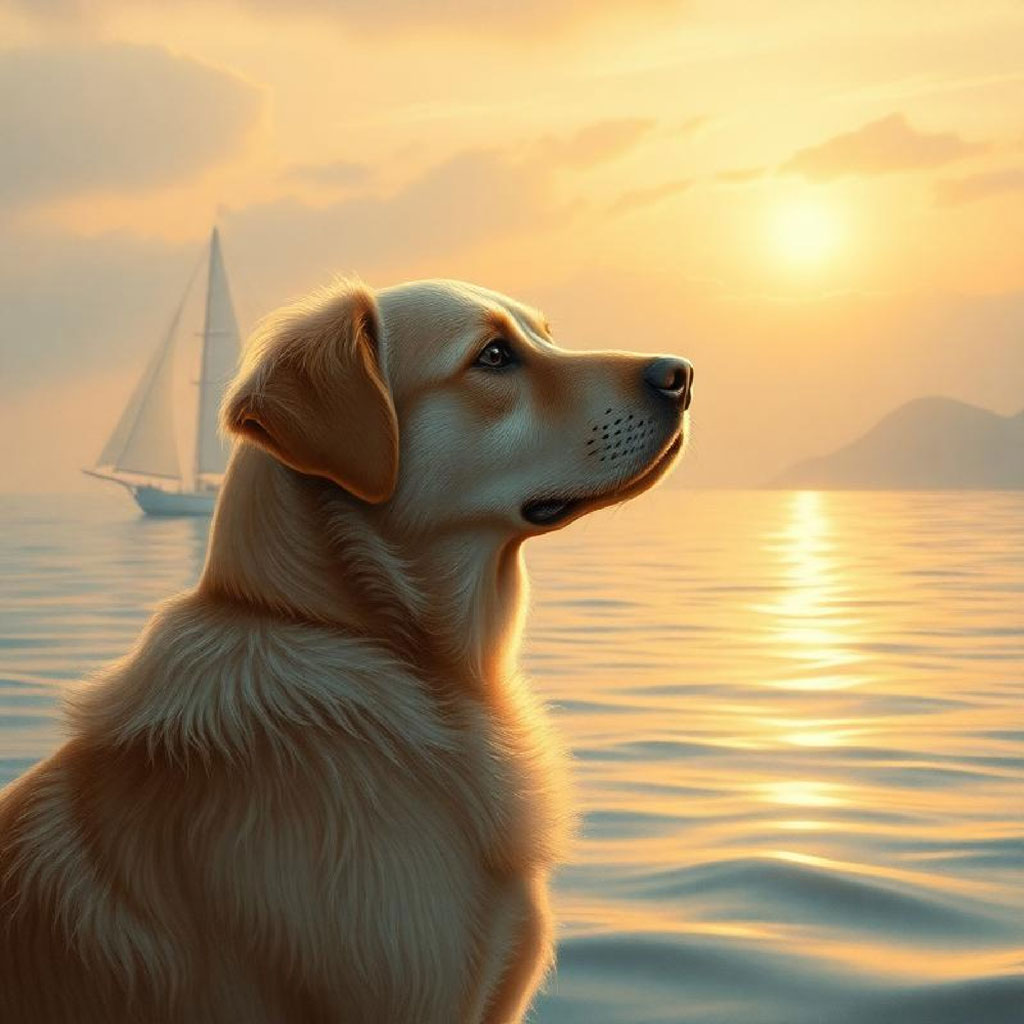 Sailing ships on calm waters with a seagull swimming in the foreground during a serene sunset.