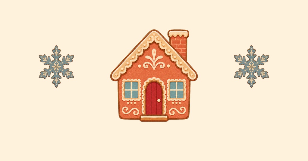 Gingerbread house with two snowflake icons on a light beige background.
