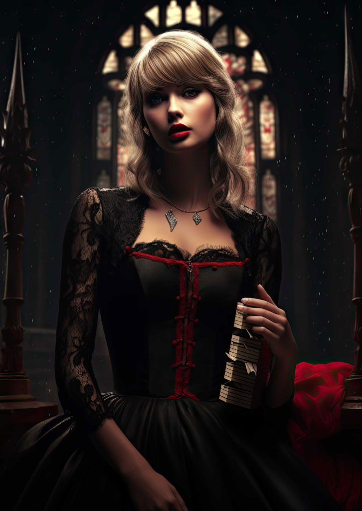 Taylor Swift sitting in a dark, gothic-inspired room with a stained glass window behind her, wearing a black dress with red accents and lace