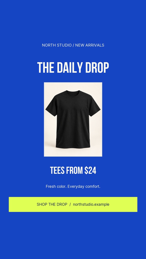 Blue Instagram story layout with a black T-shirt image and bold sale text.