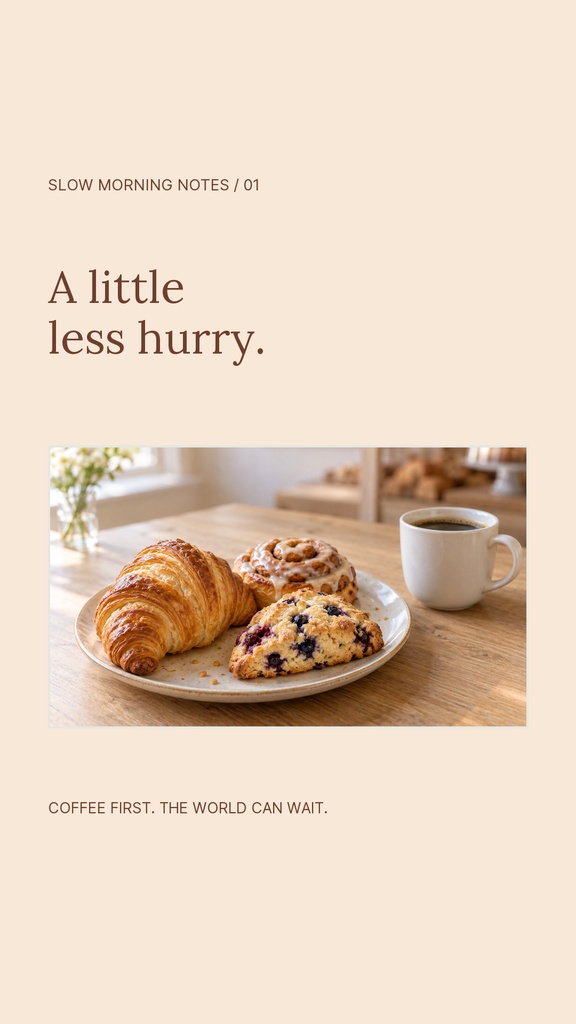 Minimal beige Instagram story with a breakfast plate, coffee cup, and text about a slower morning.