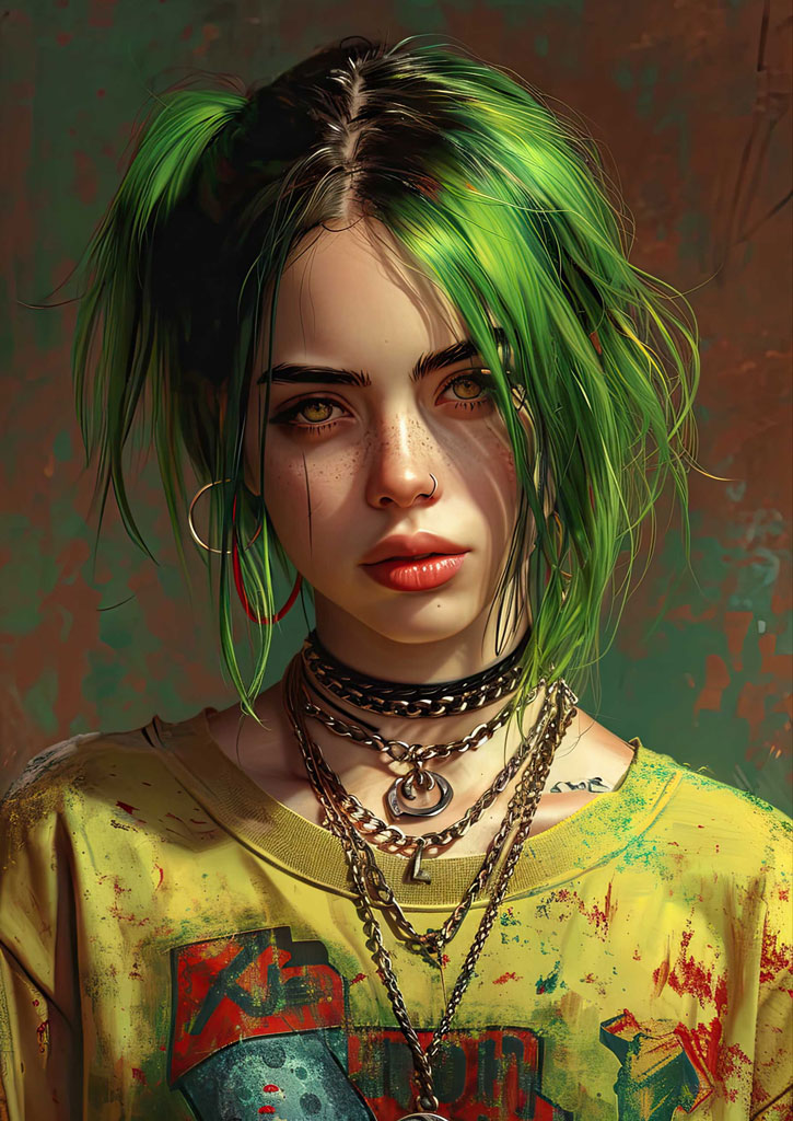 Digital portrait of Billie Eilish with green hair and multiple necklaces