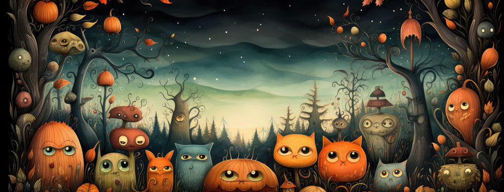 A group of owls in various colors gathered in a mystical forest with autumn elements under a starry night sky.