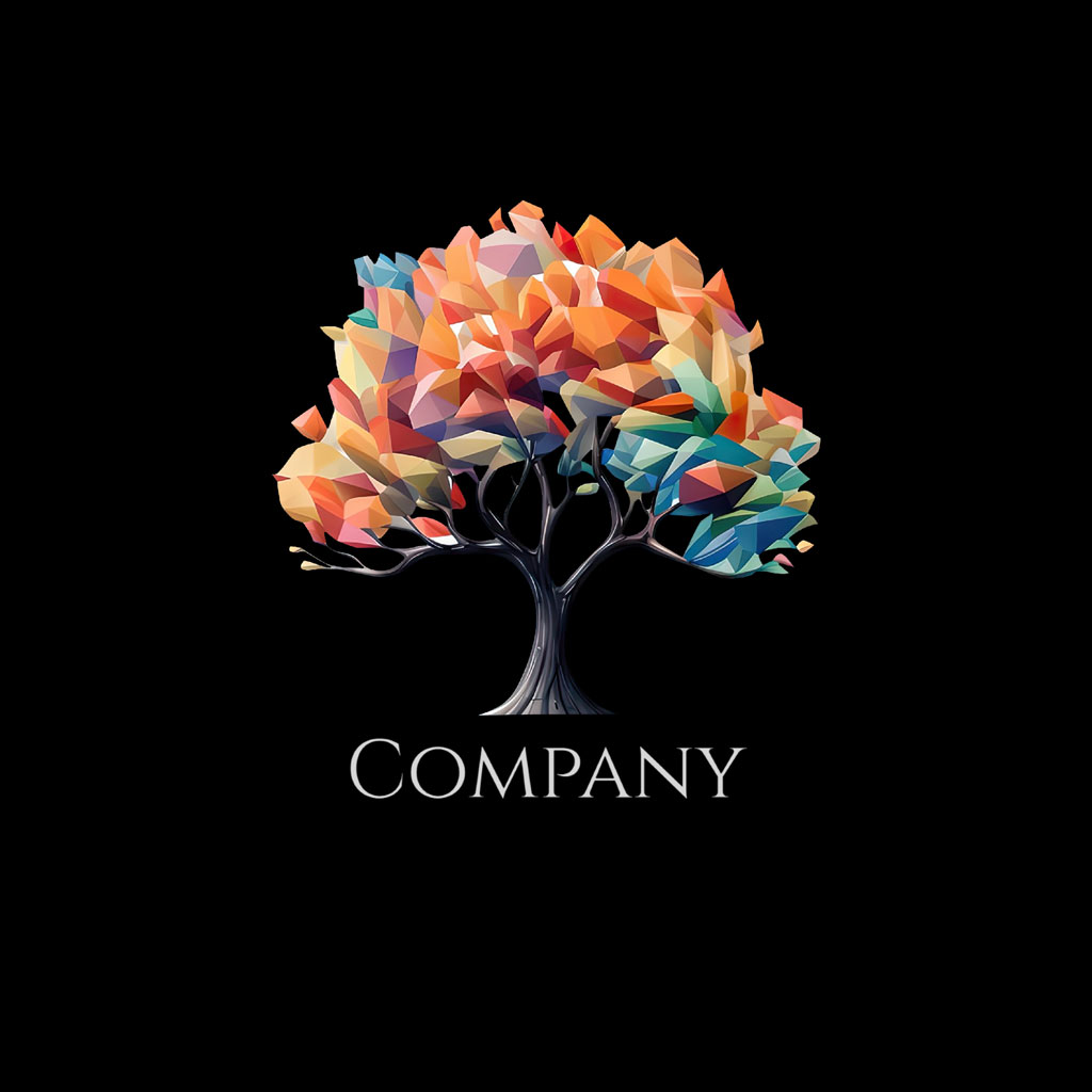Company logo with a tree and multicolored leaves