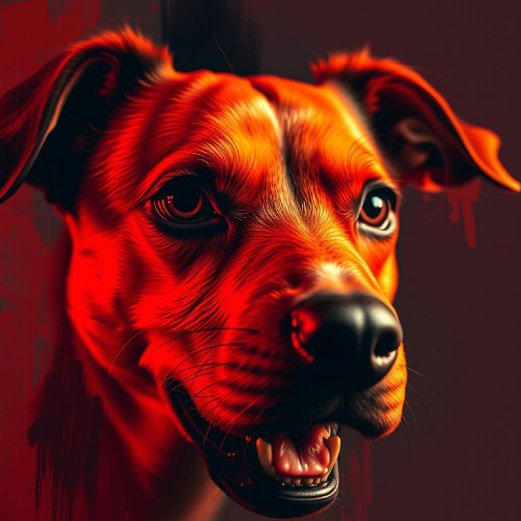 A woman's face with red lighting and abstract red splatters around her.