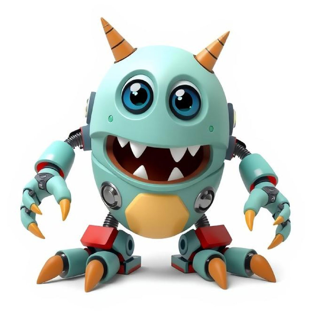 A cartoon robot monster with large eyes and sharp teeth.