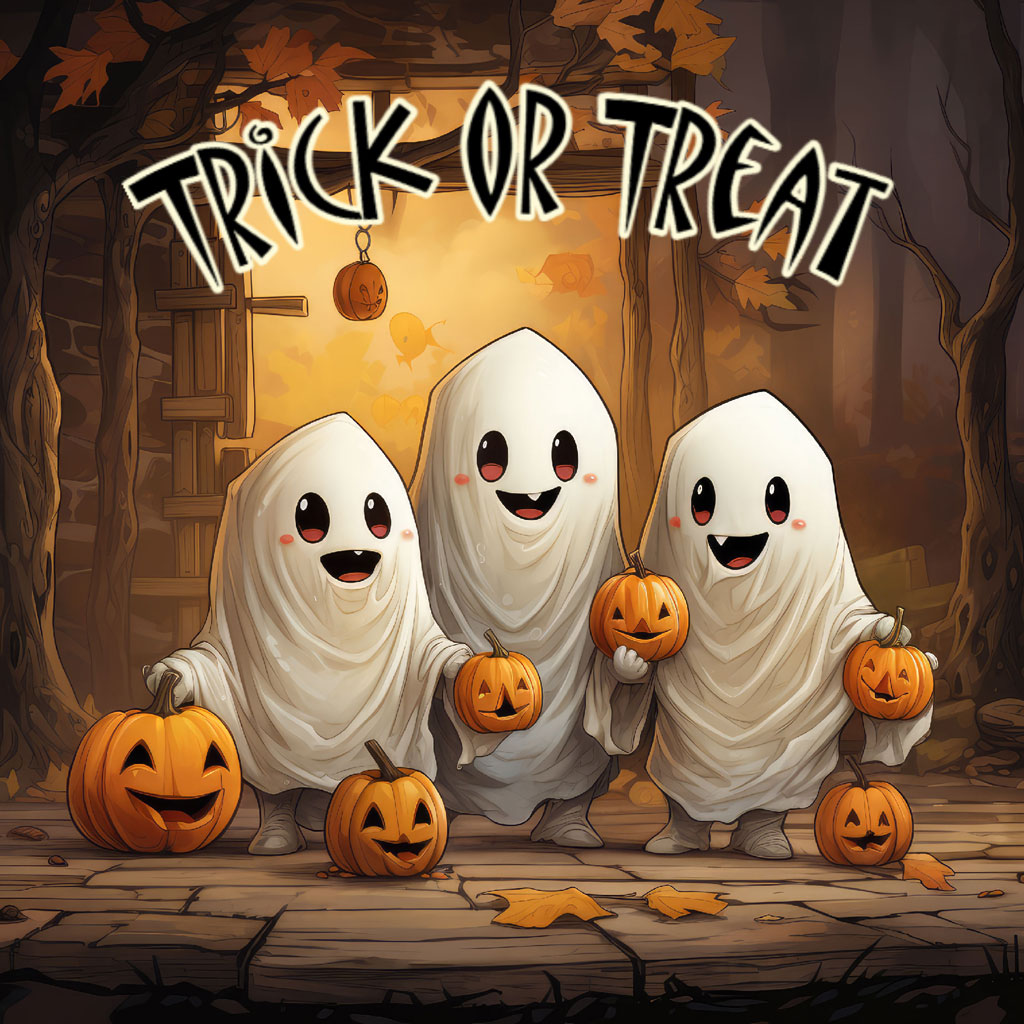 Three cartoon ghosts with smiling faces holding pumpkins on a wooden porch.