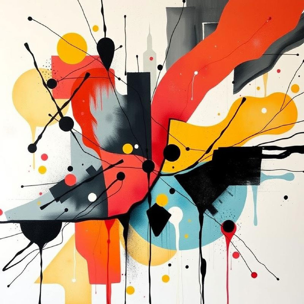 Abstract art with red, yellow, and blue shapes