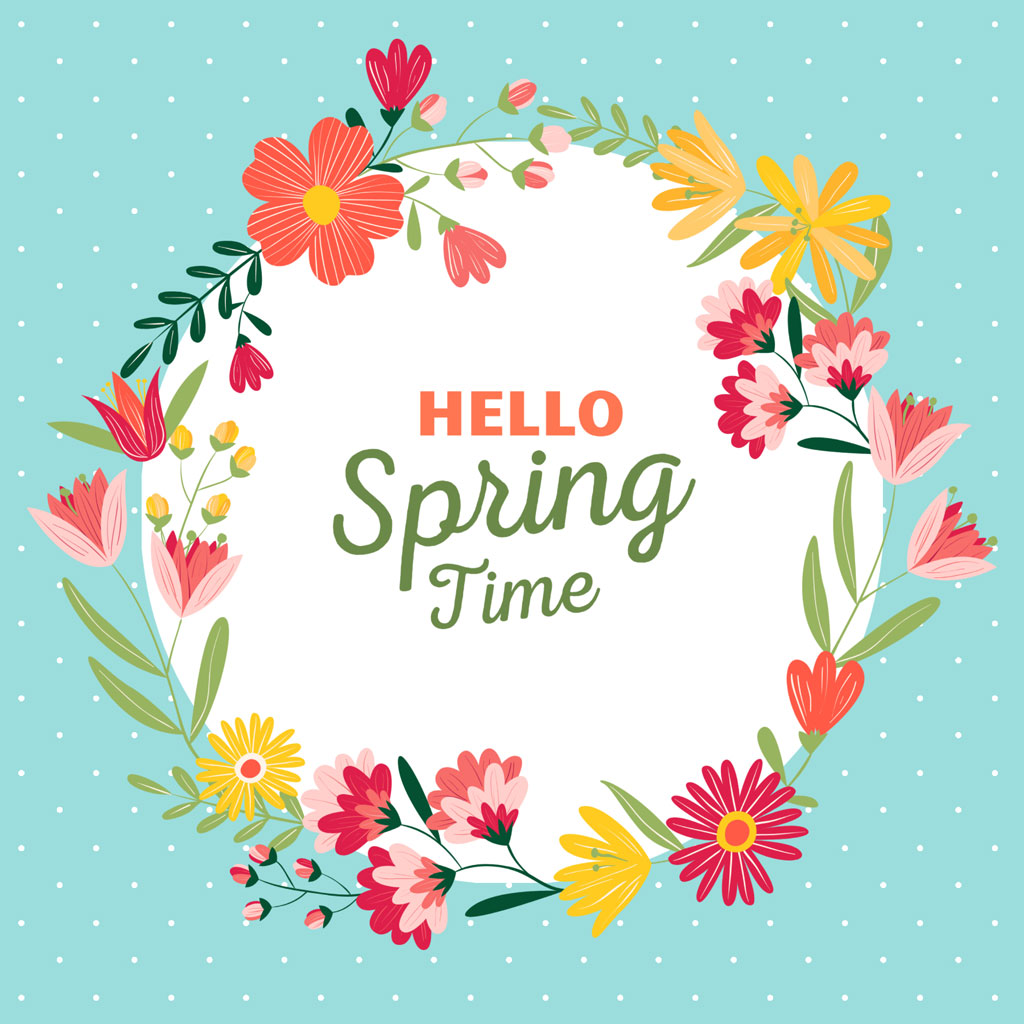 Colorful flowers arranged in a circular pattern with the text 'HELLO Spring Time' in the center.