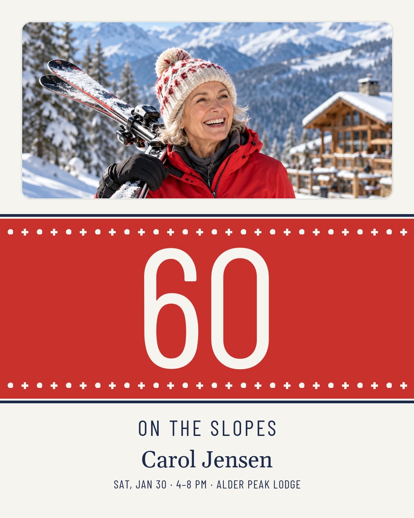 Smiling woman in winter gear holding skis above a red sixty birthday design.
