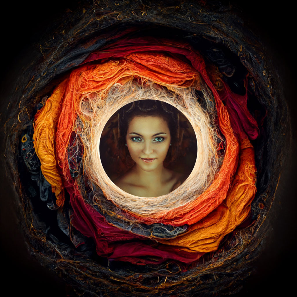A woman's face in the center of a circular frame, surrounded by a nest of red, orange, and white threads.
