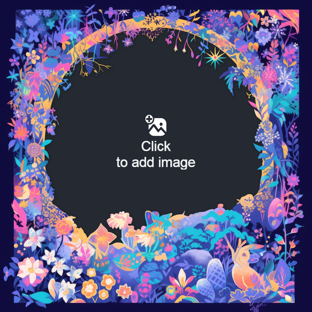 A colorful floral frame with a dark background and a variety of flowers and foliage.