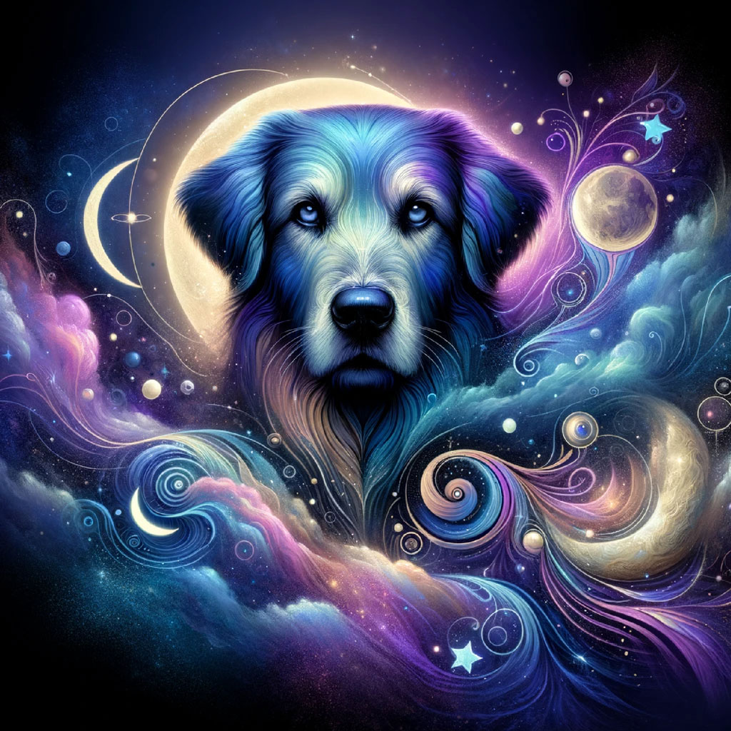 Illustration of a dog with mystical symbols and jewelry surrounded by dinosaurs