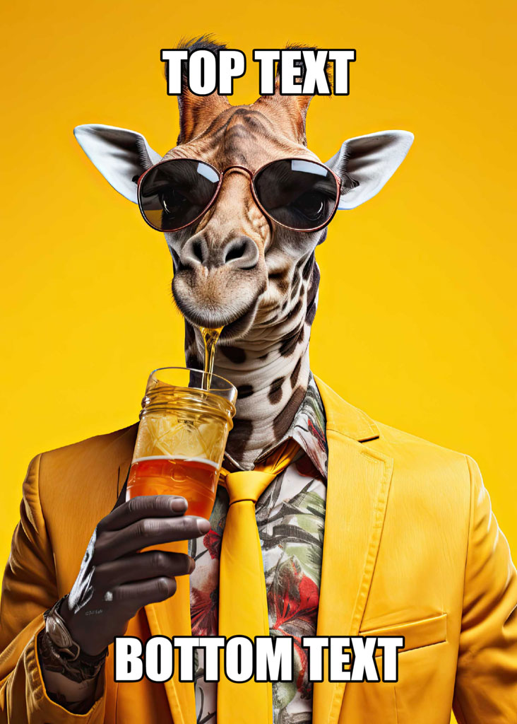 Giraffe in sunglasses and yellow suit drinking from a jar