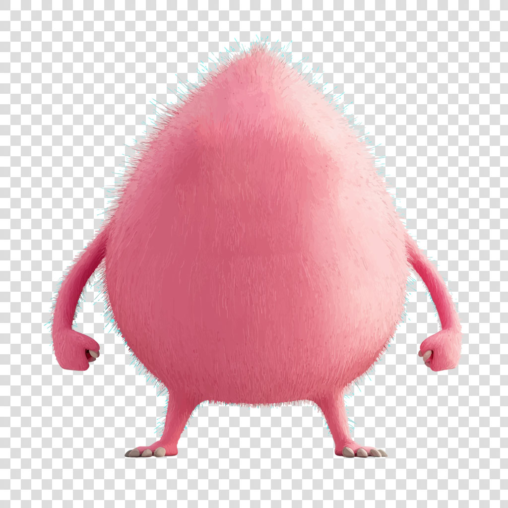 A cartoon-like pink creature with a fuzzy texture and small arms and legs.