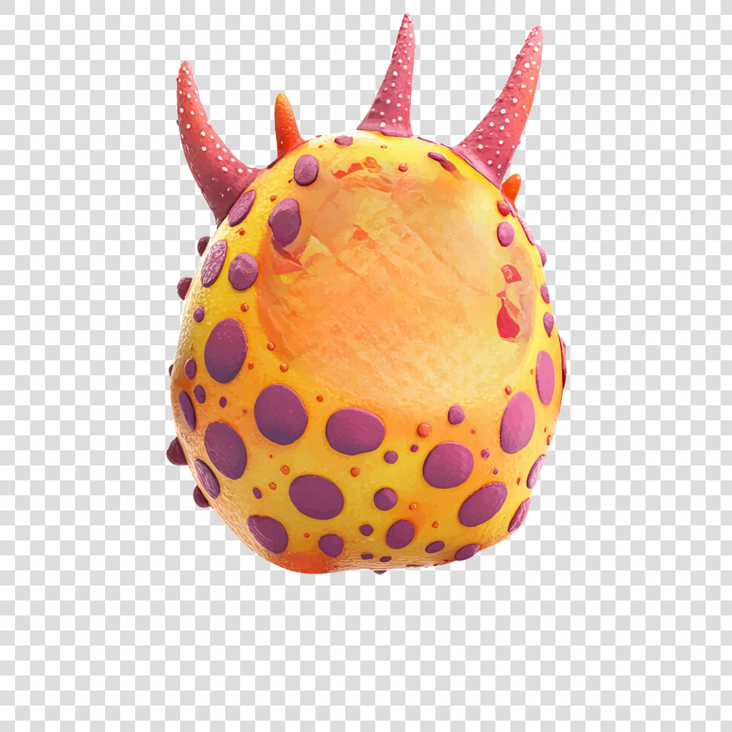 A 3D rendering of a yellow virus with purple spots and red horns.