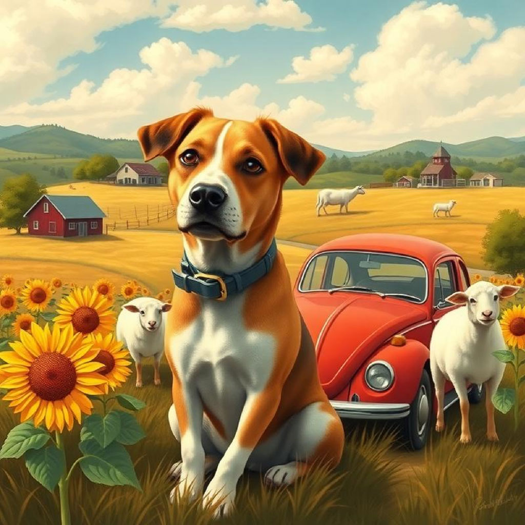 Illustration of a serene countryside with sheep grazing in a field of sunflowers and wildflowers, surrounded by rolling hills and farmhouses