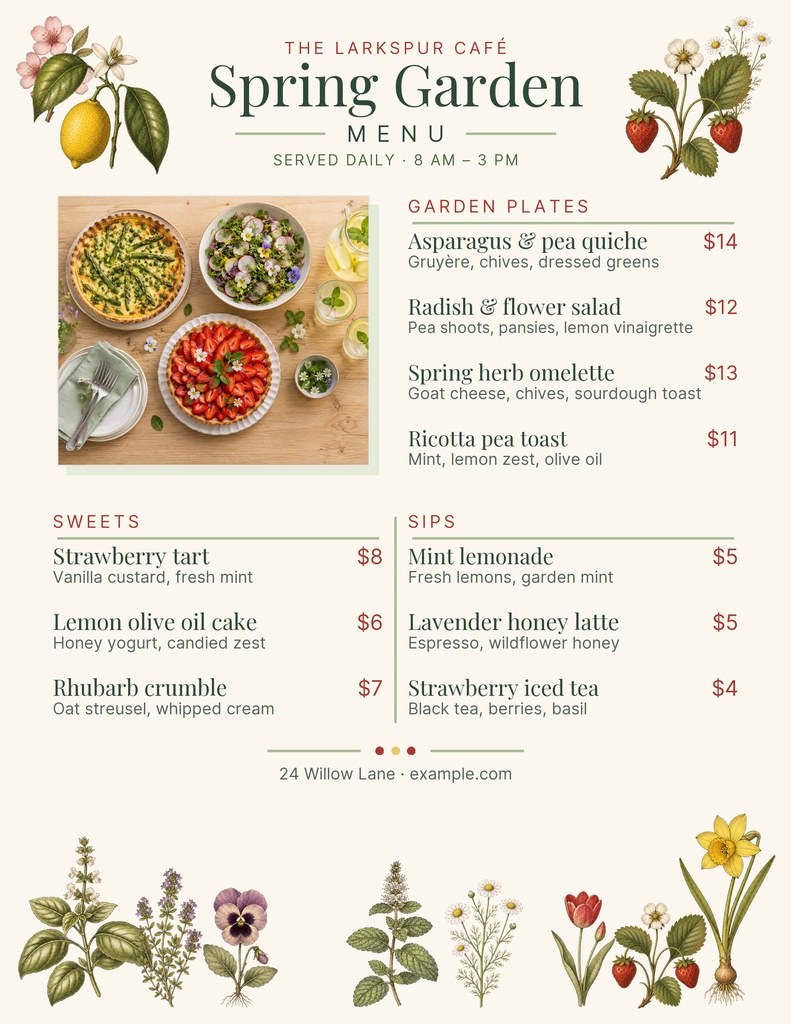 Preview for The Spring Garden Menu Letter Menu / Price List Template