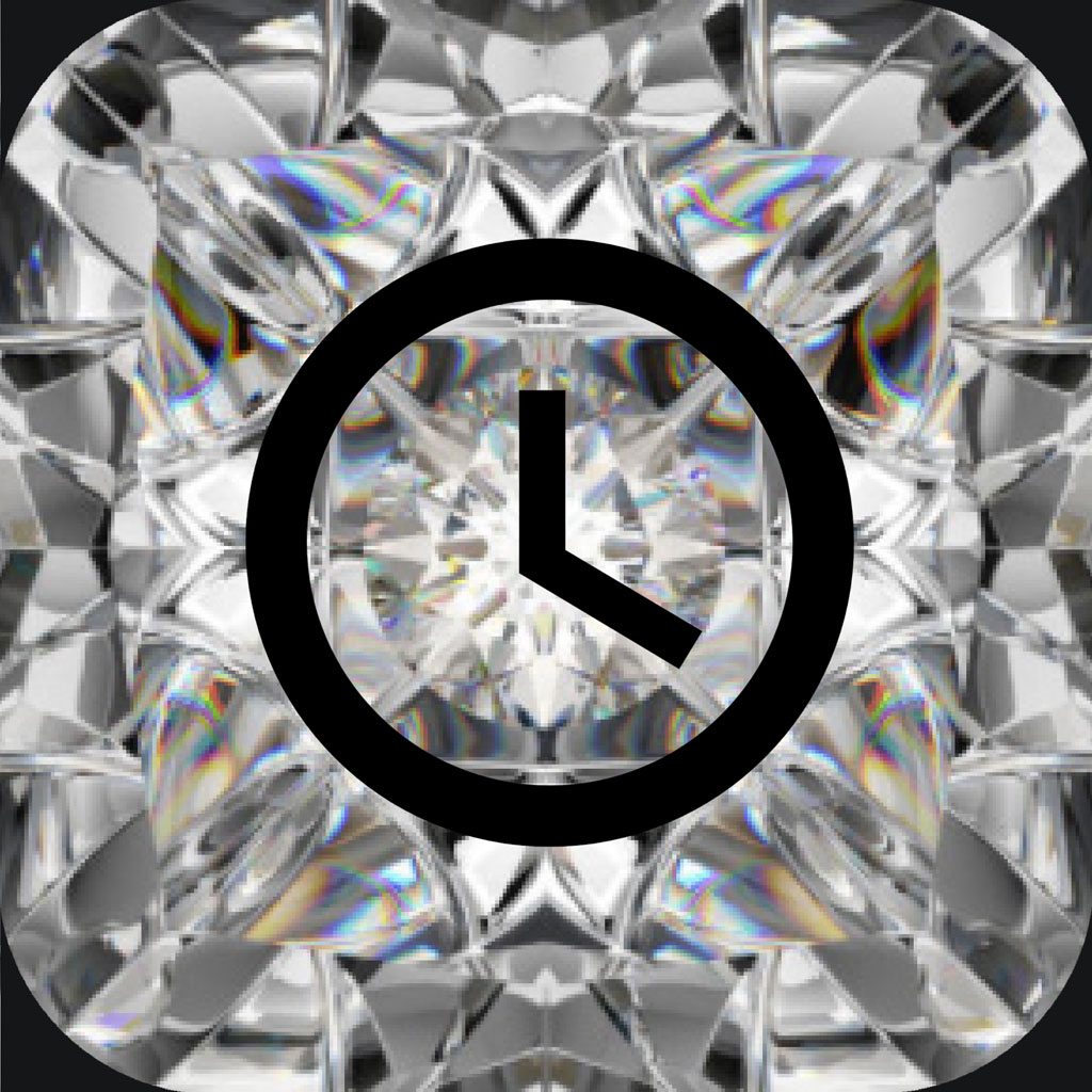 A black clock icon overlaid on a background of sparkling diamonds.
