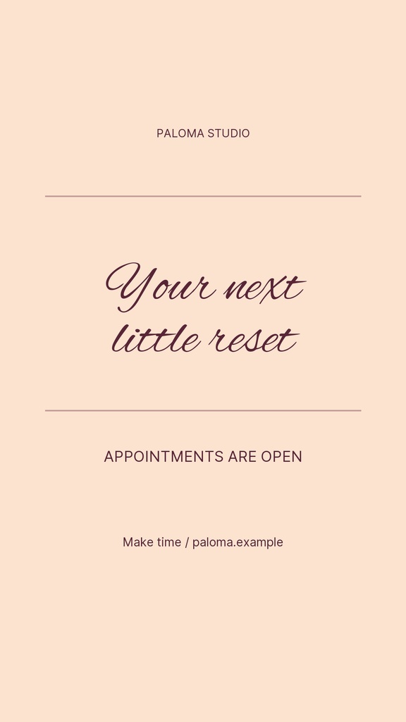 Soft apricot portrait template with the words Your next little reset and Appointments are open.