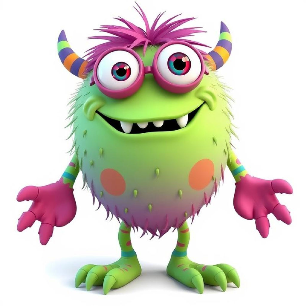 A cartoon monster with green fur, pink accents, and striped horns.