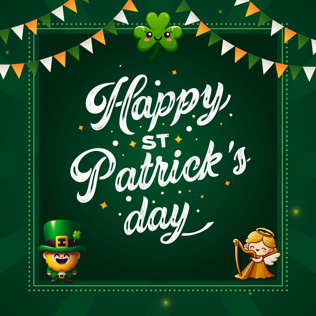 St. Patrick's Day greeting card with leprechaun and angel