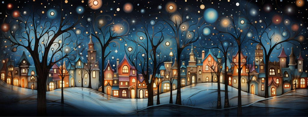 Illustration of a snowy village with lit houses and bare trees against a night sky filled with stars.