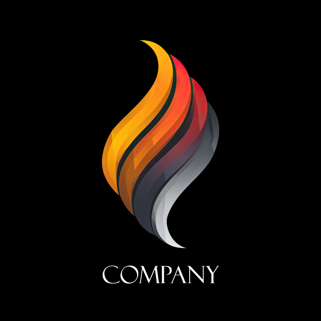 A stylized flame logo with gradient colors