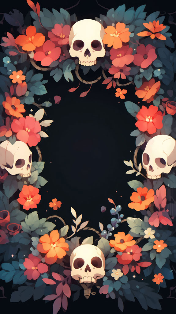 A colorful floral wreath with four skulls on a black background.
