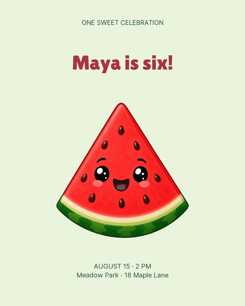 Watermelon slice cartoon with birthday text on a pale green portrait post background.