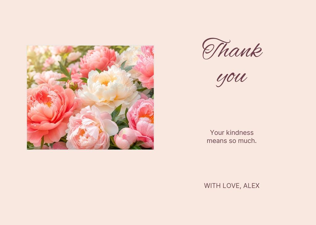 Landscape thank you card with floral photo on left and scripted thank you text on right.