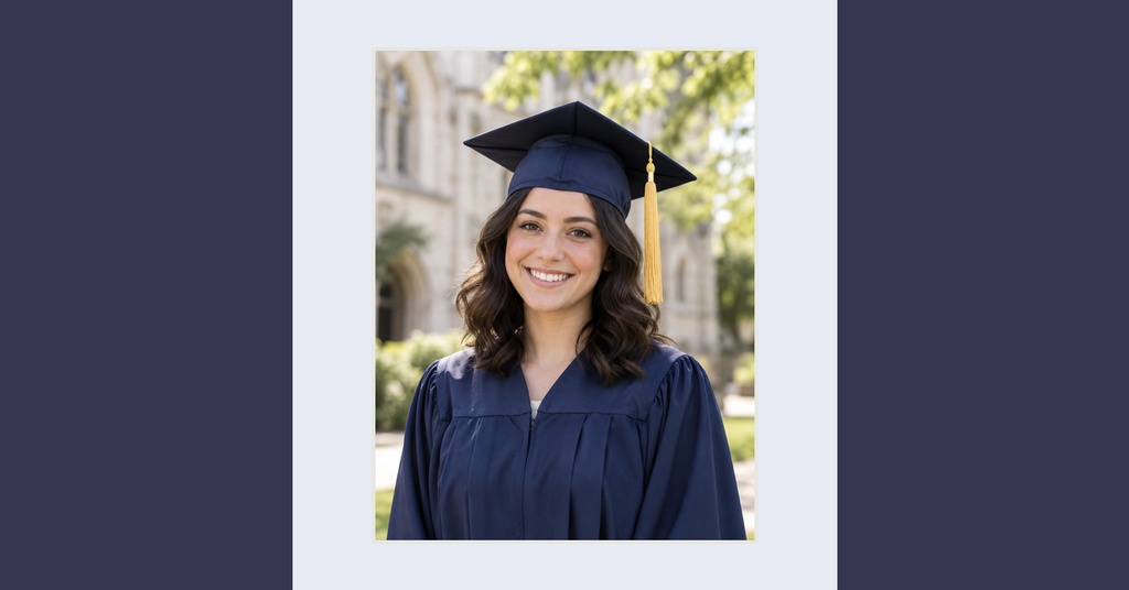 Smiling graduate in a navy cap and gown on a simple light background.
