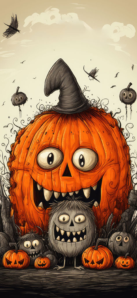 Illustration of a large pumpkin with a hat and smaller pumpkins with carved faces, surrounded by ghostly creatures