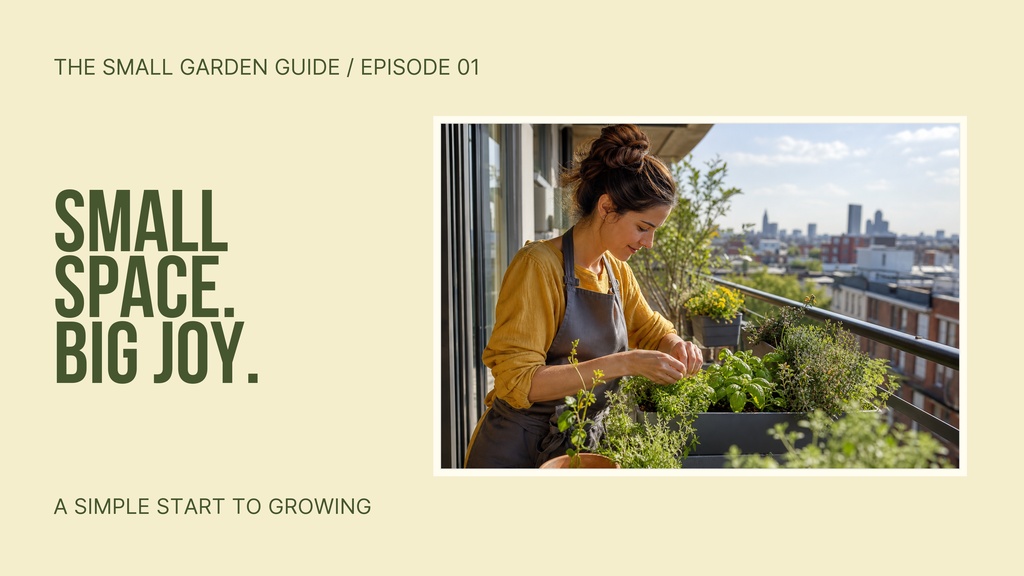 A gardening thumbnail with a woman tending plants on a balcony beside bold text.
