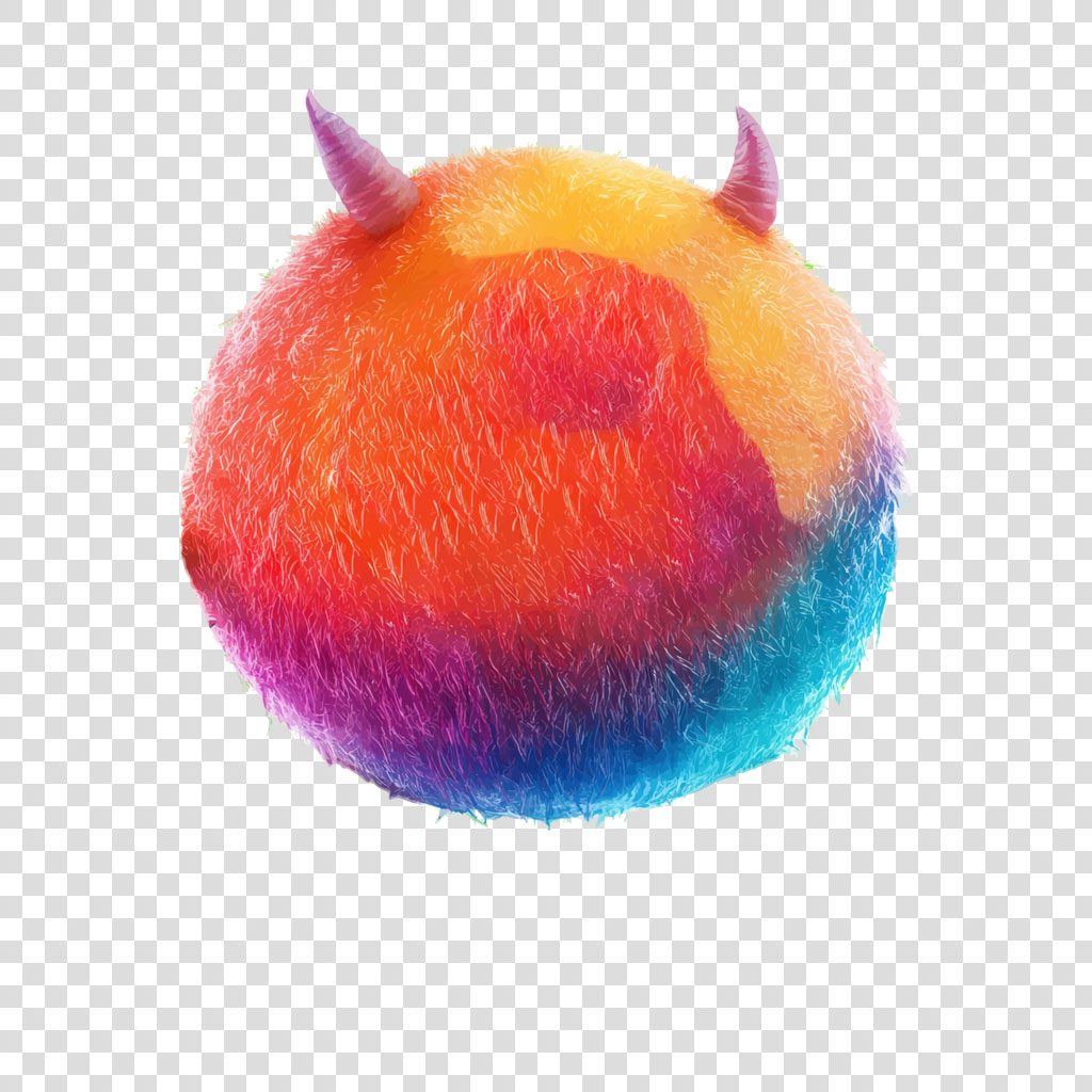 A fuzzy, round monster head with a rainbow gradient and purple horns.