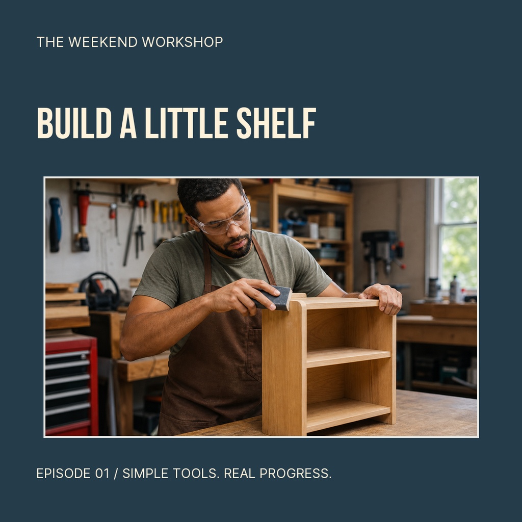 Square post template with a man building a wooden shelf in a workshop.