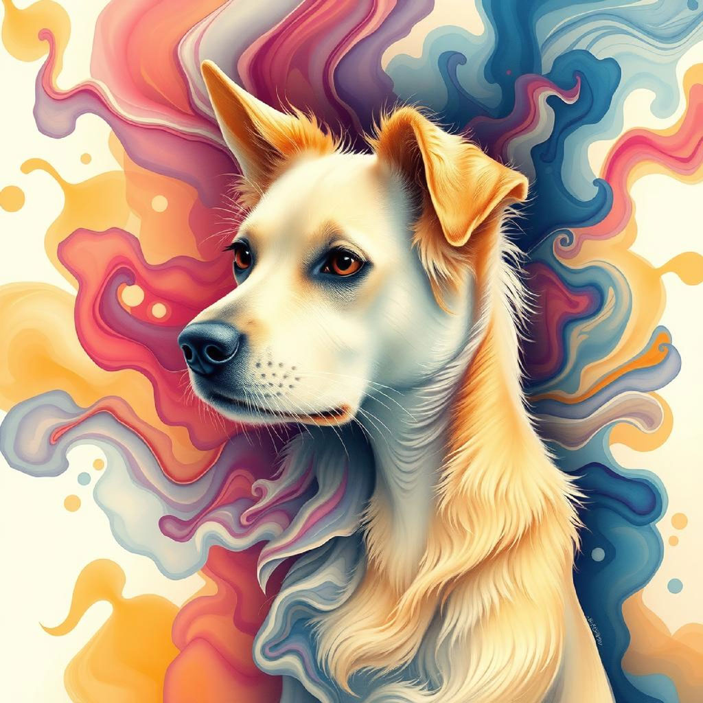 A digital illustration of a woman with vibrant, flowing red hair and closed eyes, surrounded by swirling patterns.