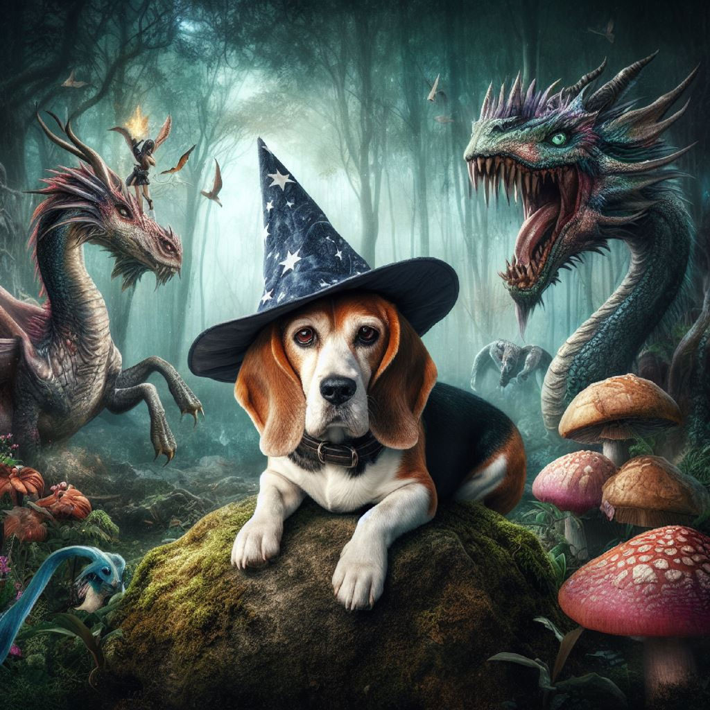 Beagle in witch hat on rock with dragons and mushrooms
