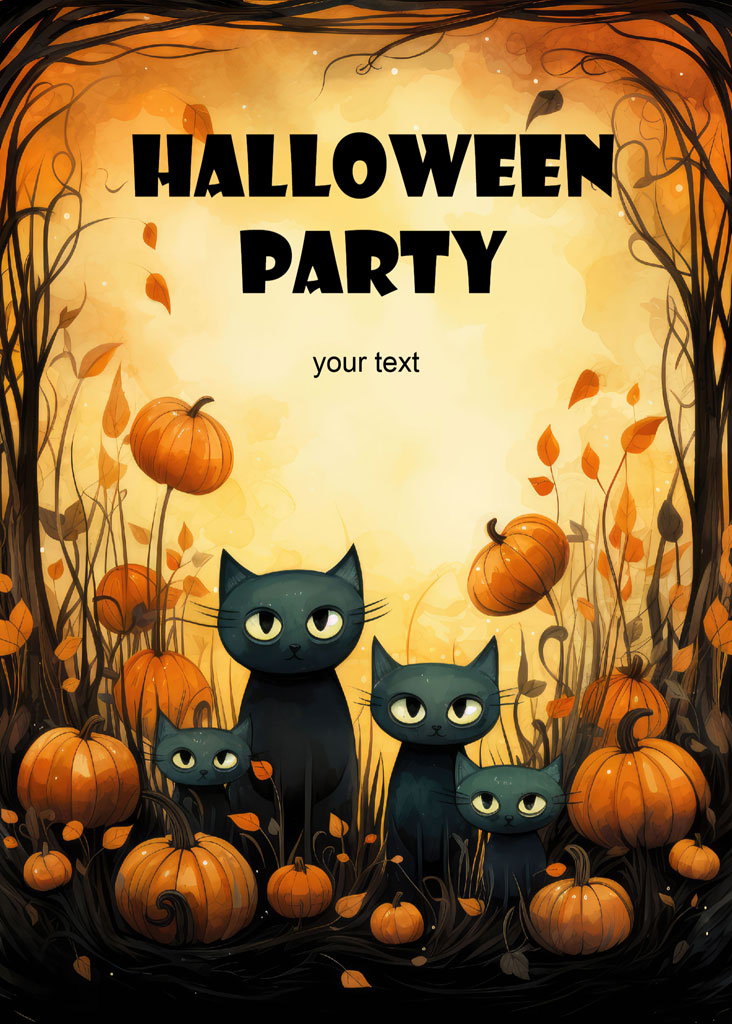 Halloween party invitation with black cats and pumpkins