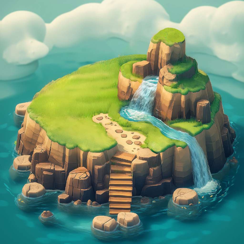 A cartoon island with a waterfall and stairs leading to the sea