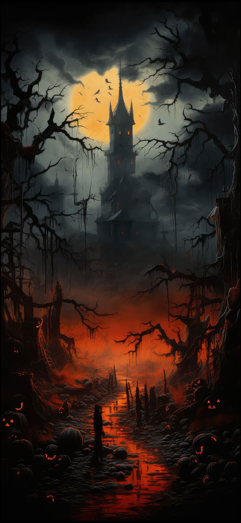 A dark and eerie Halloween scene with a castle in the background and jack-o-lanterns in the foreground.