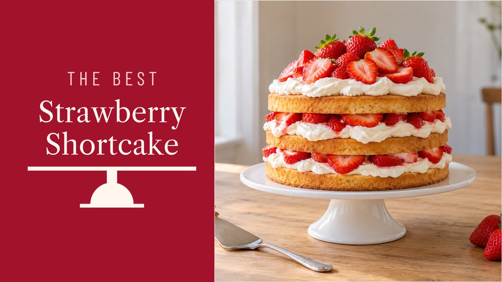 Strawberry shortcake dessert on a cake stand beside bold title text on a red thumbnail background.