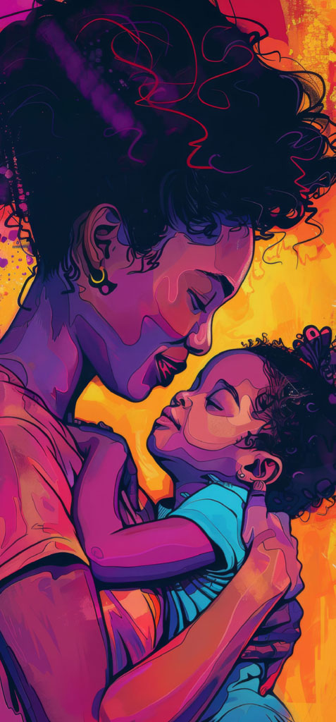 Illustration of a mother holding her child